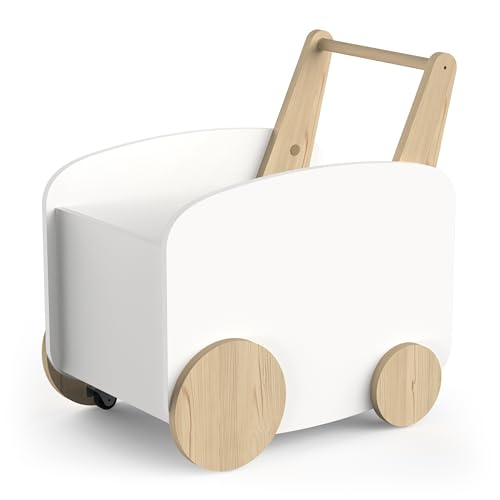 habeig Spieltruhe, Spielzeugbox, Spielzeugtruhe, Spielwagen, Spielauto, MDF Holz, 55x53x35 cm, 7kg, Kinderzimmer (weiß/natur)