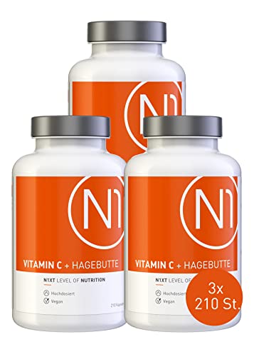 N1 VITAMIN C 500mg + HAGEBUTTE - 210 VEGANE Kapseln - Premium [Naturprodukt] Vitamin C Kapseln ohne Calcium - Optimale Bioverfügbarkeit - Hochdosiert - Ohne Allergene (3x210 St.)