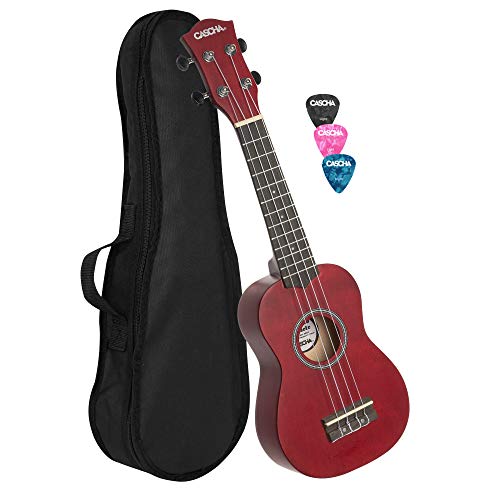 CASCHA Sopran Ukulele Rot, kleine Hawaii Gitarre für Kinder & Erwachsene mit Tasche, 3 Plektren und Aquila Ukulele-Saiten