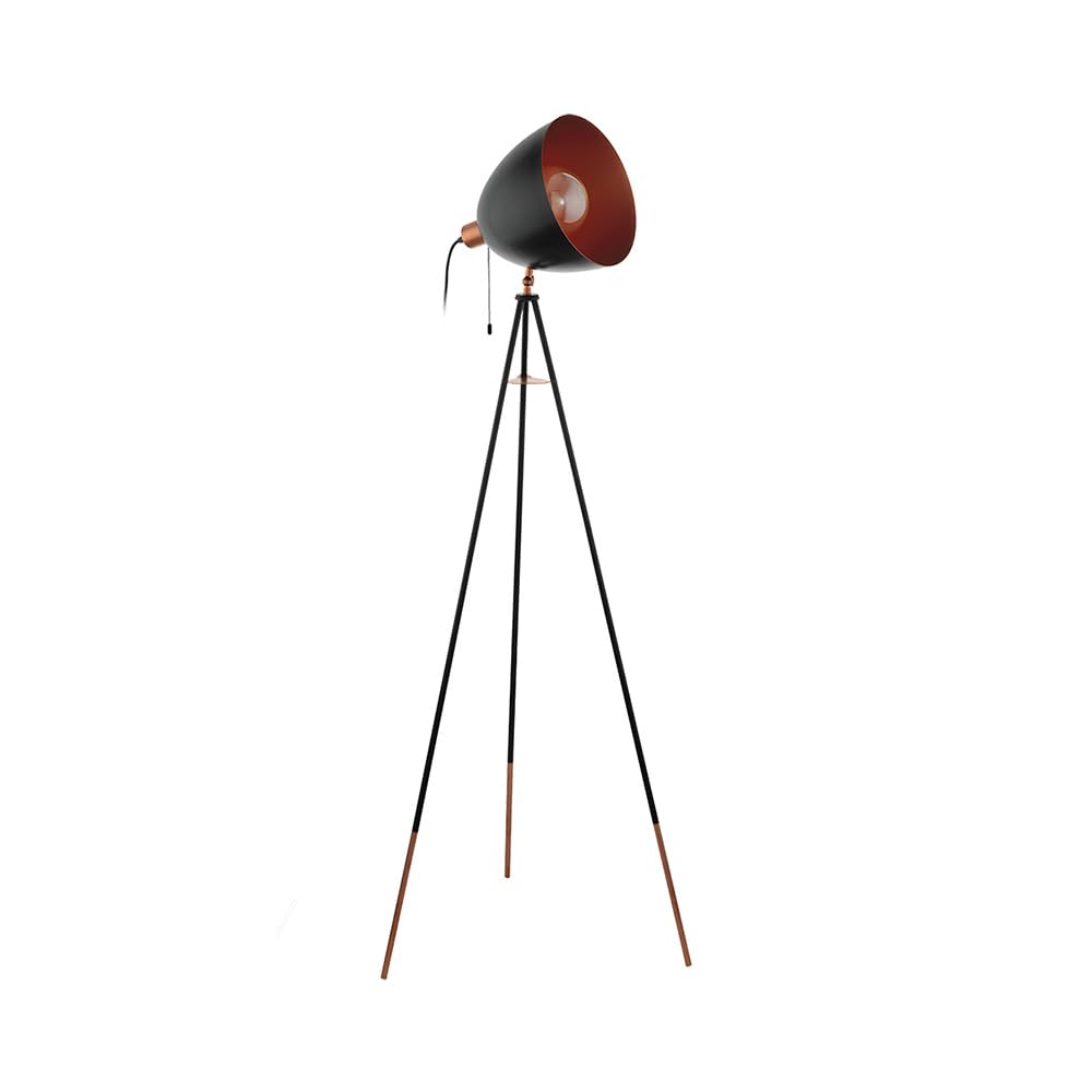 EGLO Dreibein Stehlampe Chester, 1 flammige Vintage Stehleuchte, Standleuchte aus Stahl, Farbe: Schwarz, kupfer, Fassung: E27, inkl. Zugschalter
