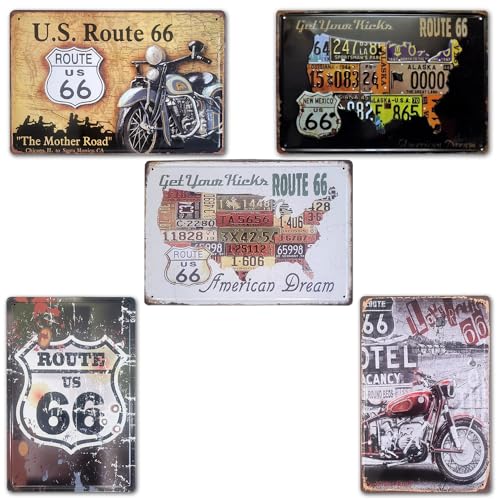 Packung mit 5 dekorativen Schildern: Symbole der Route 66 im Retro-Stil. Set mit 5 Retro-Platten: Fahren Sie die historische Route 66 von zu Hause aus | Maße 20 x 30 cm.