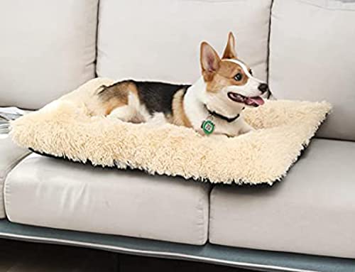 Weiches Haustierbett, waschbar, Plüsch-Matratze, gemütliches Hundebett, flauschig, für Hunde/Katzen, rutschfeste Unterseite, Welpenkissen, für Sofa, Boden, Kiste, 93 x 65 cm, Beige