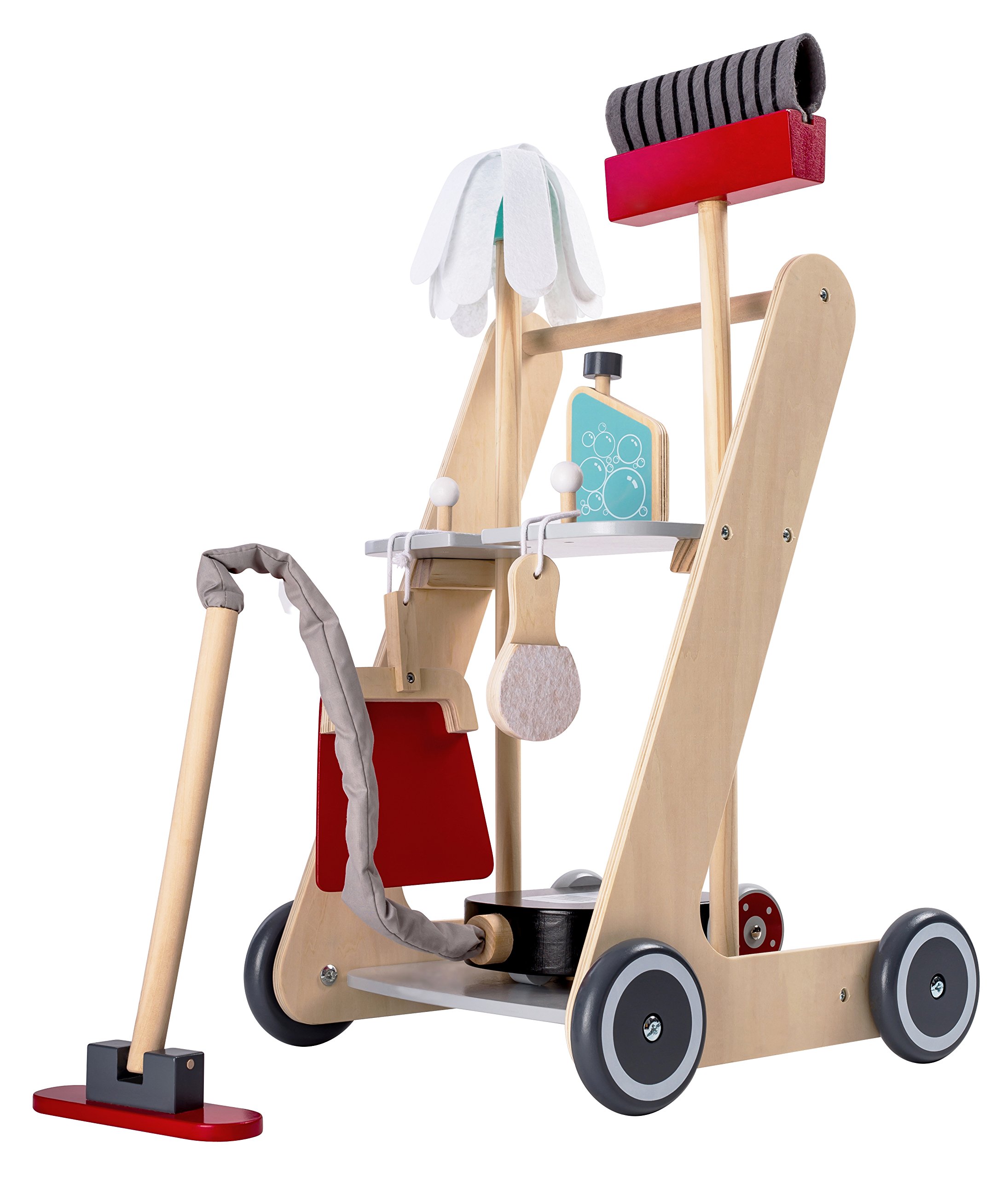 Bayer Chic 2000 277 01 Reinigungswagen für Kinder, Putzwagen aus Holz, Besenwagen mit Staubsauger und Zubehör, bunt