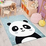 carpet city Kinderteppich Bubble Kids Flachflor Panda-Bär, weiß gepunktet in Petrol-Blau für Kinderzimmer; Größe: 80x150 cm