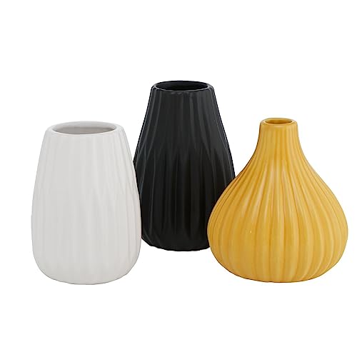Blumenvase aus Keramik im 3er Set Mattes Design Mehrfarbig Höhe 14 cm Tischdekoration Moderne Vase Tischvase - Gelb Schwarz Weiß