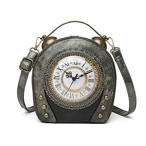 Echte Arbeitsuhr Handtaschen Antike Uhr Design Frauen Abend Cross Body Umhängetasche, Pu Leder Retro Vintage Steampunk Style Cross Body Umhängetasche für Frauen Mädchen (Gray)