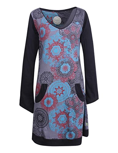 Vishes - Alternative Bekleidung - Langarm Damen Lagen-Look Jersey-Kleid Mandalas V-Ausschnitt grau 38