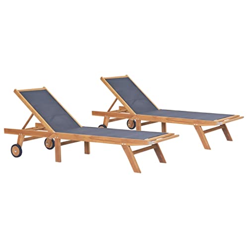 Youuihom Strandstühle Stühle für die Terrasse Stühle für draußen Klappbare Sonnenliegen mit Rollen 2 STK. Teak Massiv Textilene Geeignet für Terrasse, Bistro, Balkon, Garten, Swimmingpool