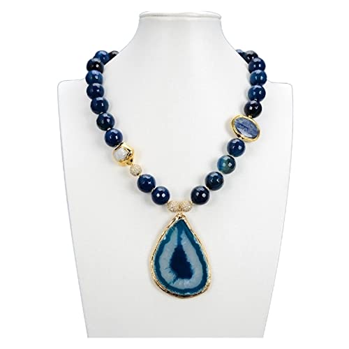 Schmuck Natürliche Achate Facettierte Runde Form Oval Kyanit Weiße Blume Perlenkette Blaue Achatscheibe Anhänger for Frauen erfüllen Mode-Accessoires