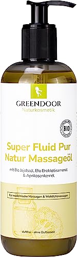 500ml Sparpackung Greendoor Massageöl duftneutral Super Fluid PUR - BIO Jojobaöl + Aprikosenkernöl, neutral, essbar, ohne Duftstoffe, für die physikalische Therapie geeignet, Naturkosmetik