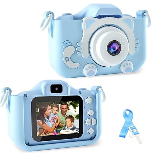 Digitalkamera Kinder 2,0 Zoll Bildschirm HD Dual Lens Digitale Videokameras mit weicher Cartoon Silikonhülle,Kinder Kamera Selfie Fotoapparat Kinder ab 4 5 6 7 8 Jahre(Blau)