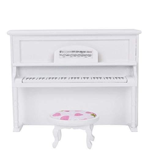Tnfeeon 1:12 Puppenhaus-Miniatur-Klavier, Mini-Klavierspielzeug Mini-Klavierspielzeug mit Hockersimulationsmöbeln(Weiß)