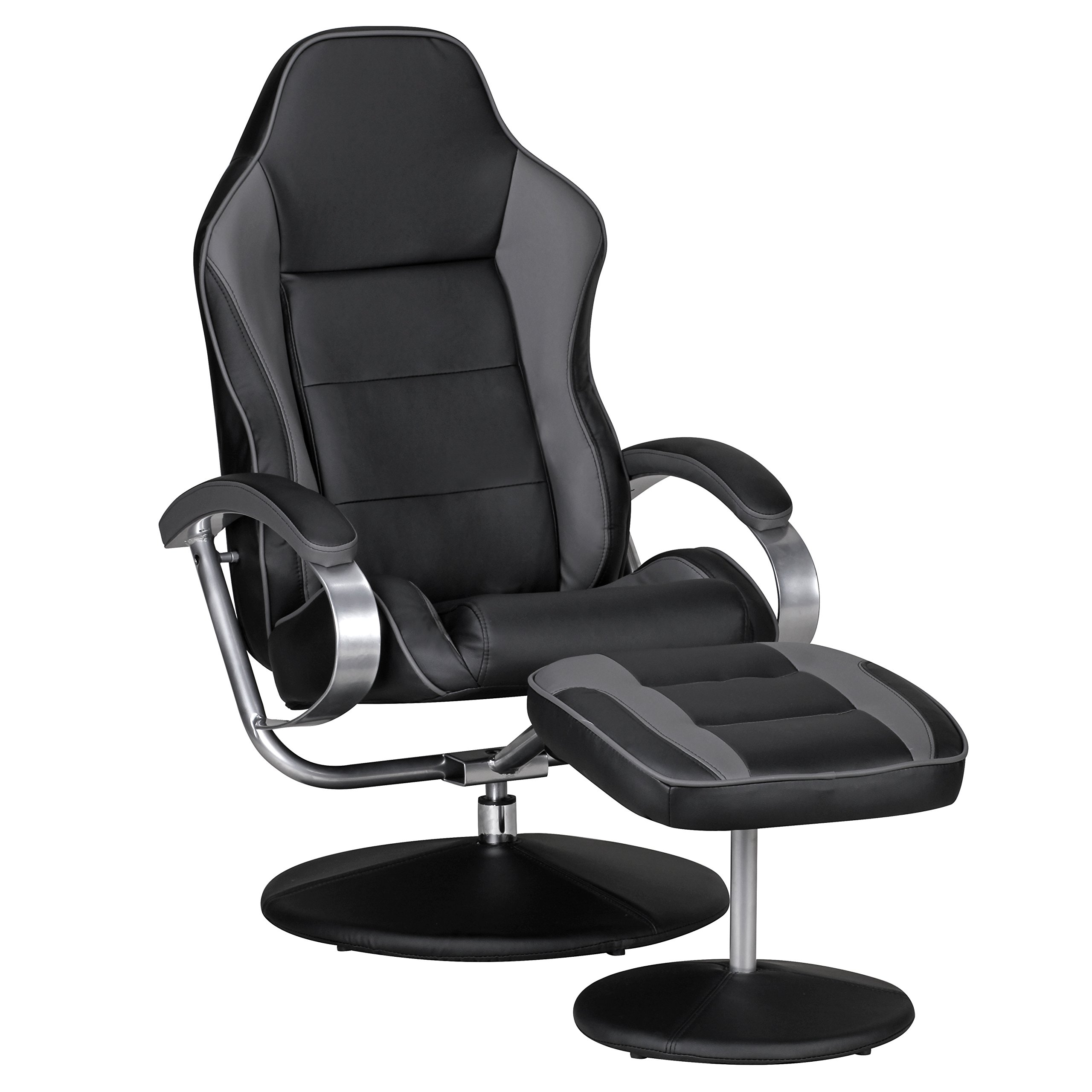 Amstyle Fernsehsessel Design TV Relax-Sessel verstellbar Racing Modern Bezug Kunstleder schwarz/grau drehbar mit Hocker 110 kg mit Armlehnen und Hocker Gaming Sessel ohne Motor