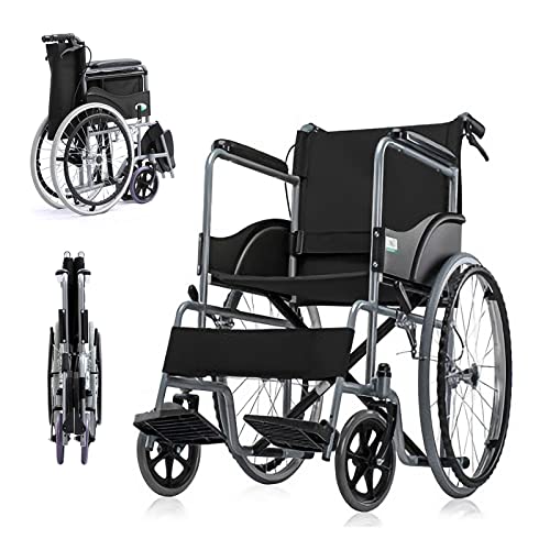 Rollstuhl Faltbar Leicht Transportrollstühle, Rollstühle mit Selbstantrieb, Reiserollstuhl mit Trommelbremse, Rollstuhl für die Wohnung und Unterweg, Stahl, Schwarz