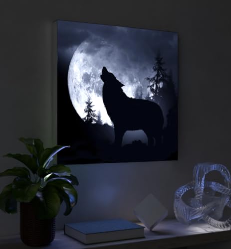 MyMaxxi - Pixlip Poster Heulender Wolf Wandbild Design Wand Dekoration, Foto schwarz weiß Leuchtrahmen - Wolf Mond, 42x60 cm, Rahmen: Leuchtrahmen inkl. Druck