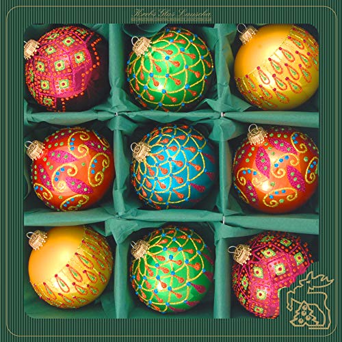 Krebs Glas Lauscha - Weihnachtsdekoration/Christbaumschmuck aus Glas - Weihnachtskugeln - Farbe: Grün/Blau/Rot/Safran - 9 Stück - Größe: ca. 8 cm