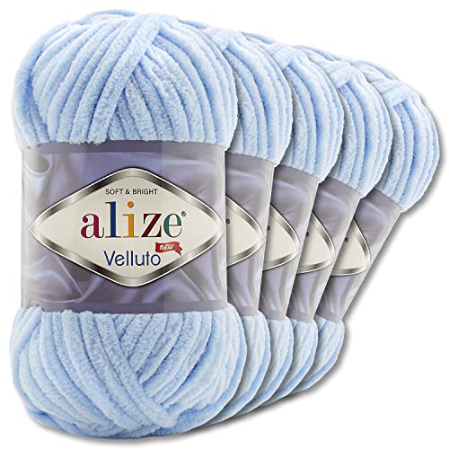 Wohnkult Alize 5x100 g Velluto Premium Wolle 30 Auswahl Chenillegarn Samtwolle Amigurumi Decken Accessore Kleidung DIY (218 | Babyblau)