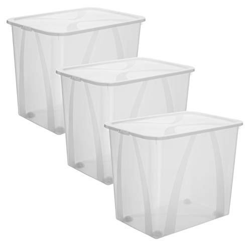 Rotho Lona 3er-Set Aufbewahrungsbox 70l mit Deckel und Rollen, lebensmittelechter Kunststoff (PP) BPA-frei, transparent, 1, 1 (57,1 x 39,2 x 46,5 cm), 10