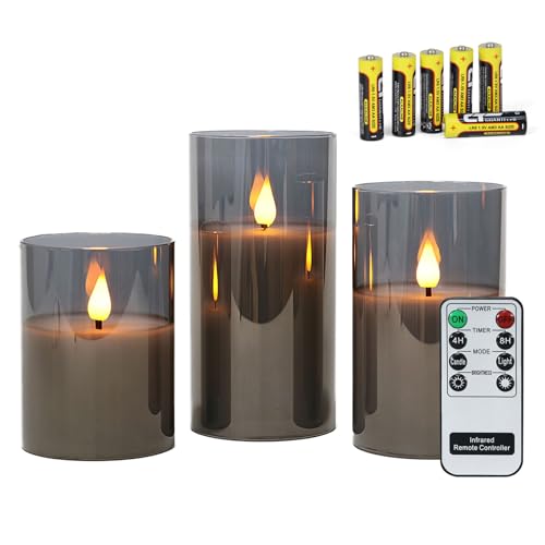 Rhytsing Grau flammenlose Kerzen im Glas, 3 Glaswindlichter mit 24 Stunden Timer, warmweiße Licht mit Batterien enthalten