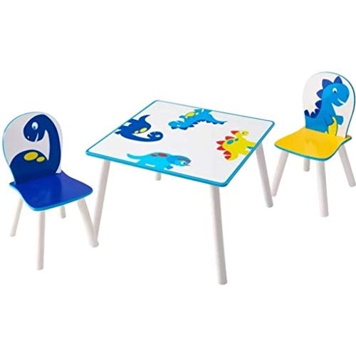 Worlds Apart Dinosaurier-Set aus Tisch und 2 Stühlen für Kinder, Holz, White and Blue, 63 x 63 x 52.5 cm