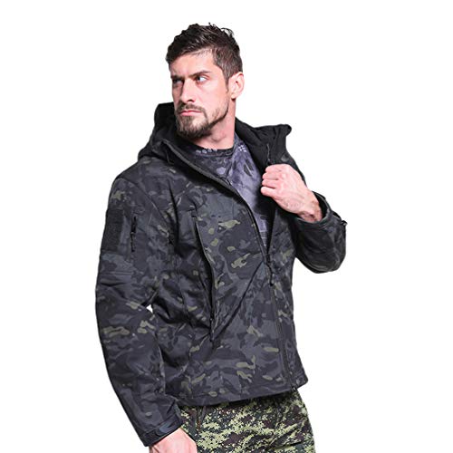 Ketamyy Herren Taktische Camouflage Jacke Wasserdicht Softshell Fleece Futter Herbst Winter Outdoor Trekking Jagd Wandern Regenfest Mäntel Mit Kapuze Schwarz CP 2XL