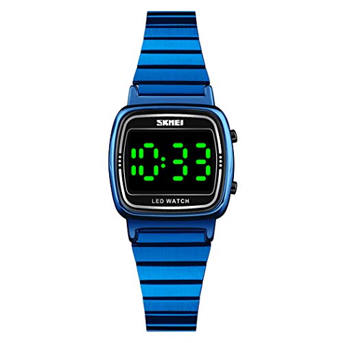 FeiWen Damen und Mädchen LED Licht Digital Elektronik Datum Edelstahl Fashion Berühren Uhren (Blau)