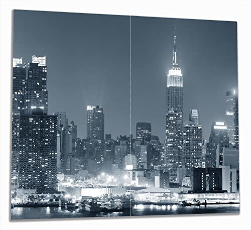 Wallario Herdabdeckplatte/Spritzschutz aus Glas, 2-teilig, 60x52cm, für Ceran- und Induktionsherde, New York Skyline - Schwarz Weiß Blau