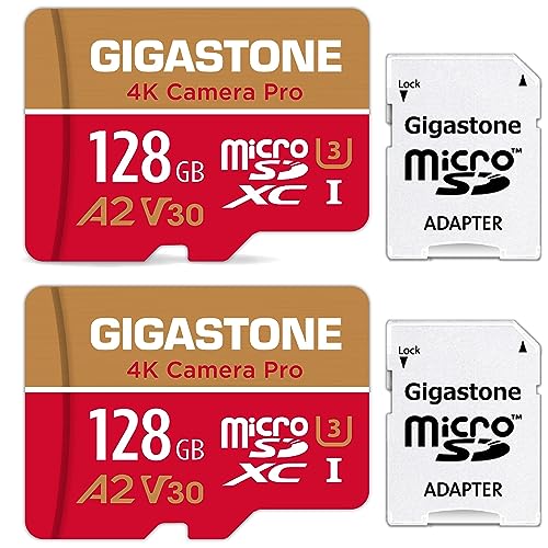 [5 Jahre kostenlose Datenwiederherstellung] Gigastone A2 V60 4K Kamera Pro 128GB MicroSDXC Speicherkarte 2er-Pack + SD Adapter, für Gopro Drohne DJI Switch, bis zu 120/80 MB/s, U3 Micro SD Karte