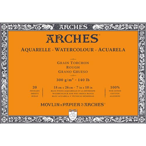 Arches - Aquarellpapierblock, 17,8 x 25,4 cm, 20 Blatt, 300 g/m², rau, säurefrei, weiß.