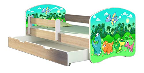Kinderbett Jugendbett mit einer Schublade und Matratze Sonoma mit Rausfallschutz Lattenrost ACMA II 140x70 160x80 180x80 (30 Dino, 160x80 + Bettkasten)