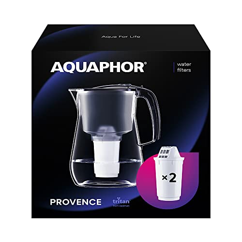 AQUAPHOR Wasserfilter Provence schwarz inkl. 2 A5 Filterkartuschen - Premium-Wasserfilter in Glasoptik zur Reduzierung von Kalk, Chlor & weiteren Stoffen