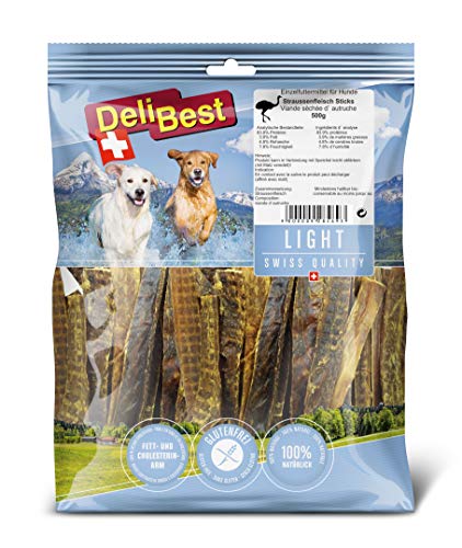 DeliBest Premium Straussenfleisch Sticks I Hundeleckerli mit wertvollen Inhaltsstoffen leicht verdaulich I kalt geformt - schmackhafter Hunde Snack aus frischem Fleisch I 5 Stück