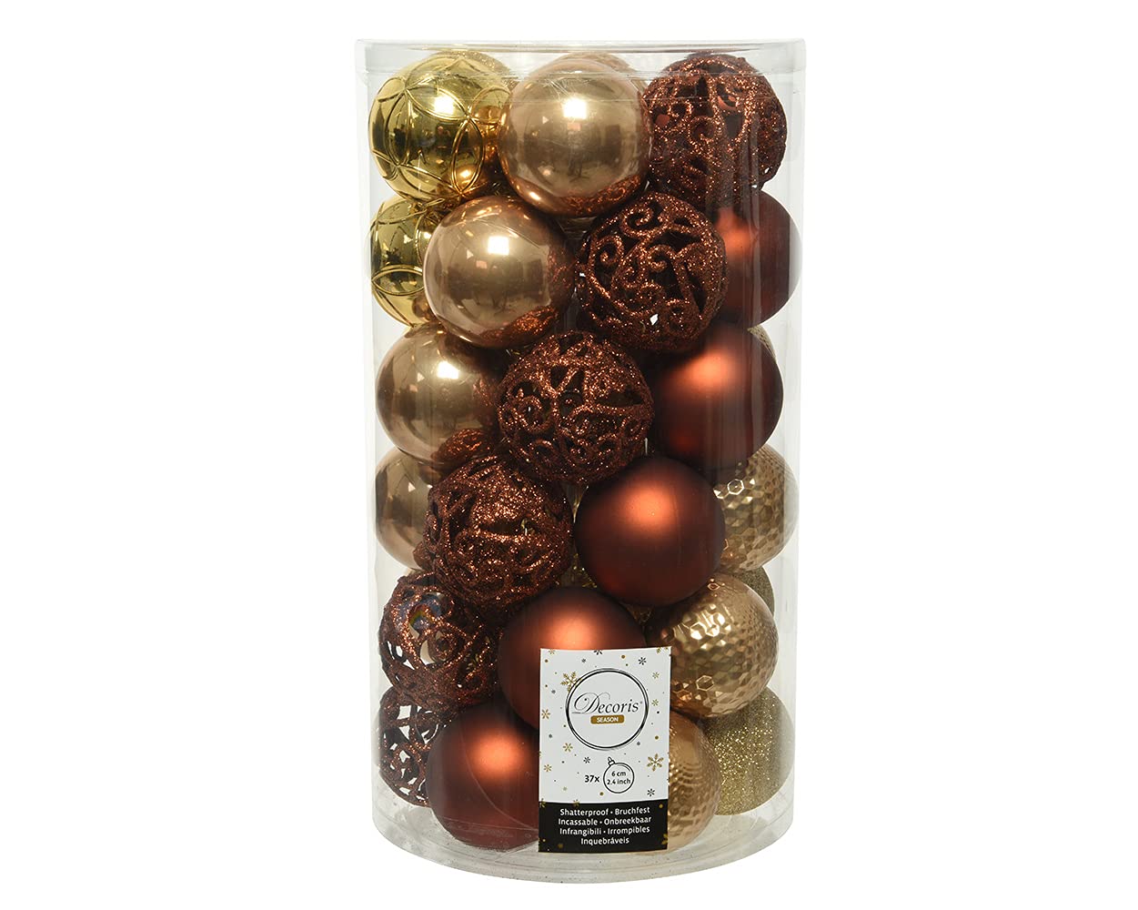 Decoris Weihnachtskugeln Kunststoff 6cm x 37er Ornamente Mix Set Christbaumkugeln bruchsicher braun Gold