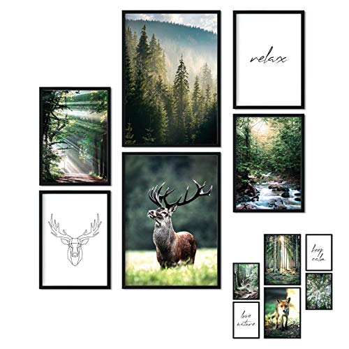 bilderreich Poster 6er Set Beidseitige Bilder - Stilvolle Home Deko für Schlafzimmer und Wohnzimmer | Poster Vintage Set Wald A3 | A4
