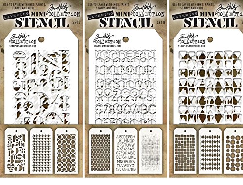 Tim Holtz - Mini Layering Stencils - Sets #7, #8, & #9 - 9 Mini Stencils - Numeric, Houndstooth, Rings, Honeycomb, Schoolhouse, Dot Fade, Tiles, Harlequin & Splotches by Tim Holtz