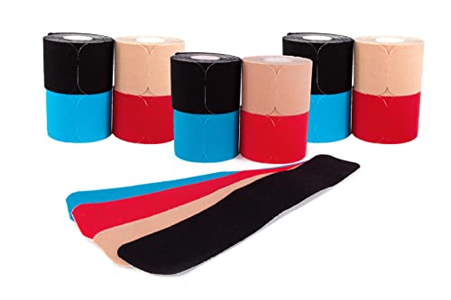 axion Kinesiologie Tapes PRECUT 12er Mix-Set blau, schwarz, hautfarbe, rot | 20 vorgeschnittene Sport Tapes 25 x 5 cm | Wasserfest • hautfreundlich • elastisch | Physio-tape optimal für Sport