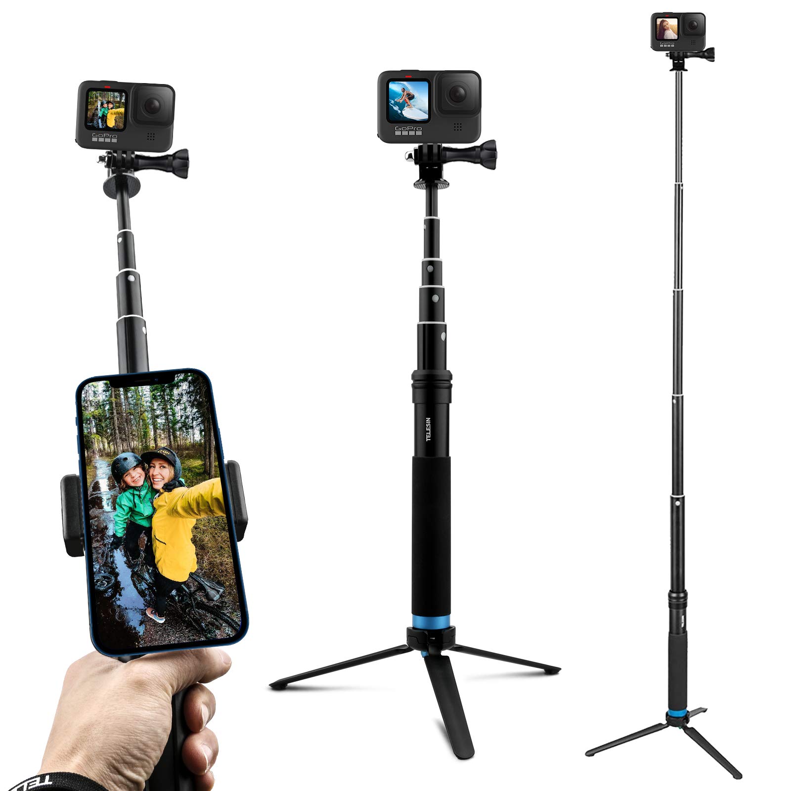 AuyKoo Teleskop Selfie Stick mit Stativ wasserdichte Aluminiumlegierung Handheld Selfie-Stangen für GoPro Hero 11 10 9 Black 8 7 6 5 Black GoPro Max Fusion Kameras