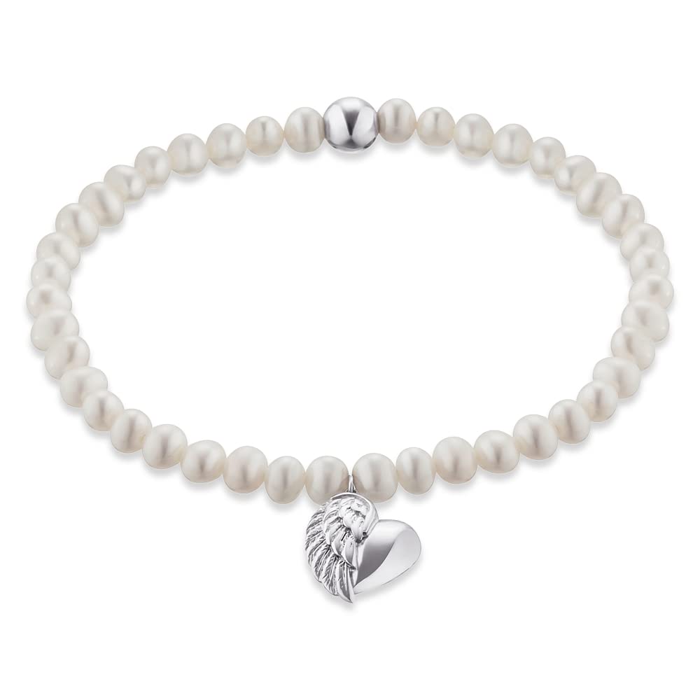 Engelsrufer Damen Perlen Stretch Armband aus Sterling Silber und Perlmutt Süßwasserperlen mit Herzflügel Anhänger - Länge: 17 cm - nickelfrei