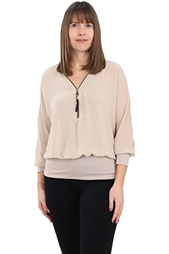Malito Damen Bluse im Fledermaus Look | Tunika mit Zipper | Kurzarm Blusenshirt mit breitem Bund | Elegant - Shirt 6297 (beige)