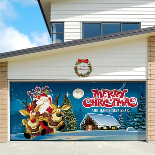 GUASDIE Weihnachts-Garagentor-Banner, Weihnachts-Garagentor-Dekorationen Große Frohe Weihnachten-Garagentor-Wandbilder hängende Weihnachtsbanner für die Weihnachtsfeier im Freien,E,16x7 ft