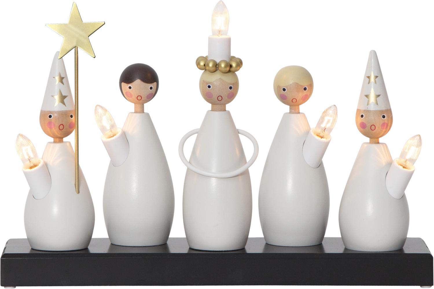 Weihnachtsdeko Luciakör von Star Trading, Kerzenständer mit 5 Glühbirnen E10 warmweiß, Weihnachtsfigur aus Holz, Kabelschalter, Länge: 33 cm
