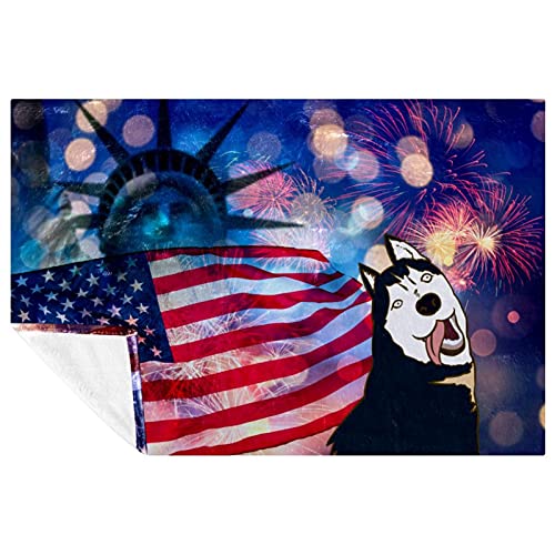 BestIdeas Amerikanische Flagge Freiheitsstatue mit Hunde-Aufdruck, weich, warm, gemütlich, Überwurf für Bett, Couch, Sofa, Picknick, Camping, Strand, 150 × 100 cm