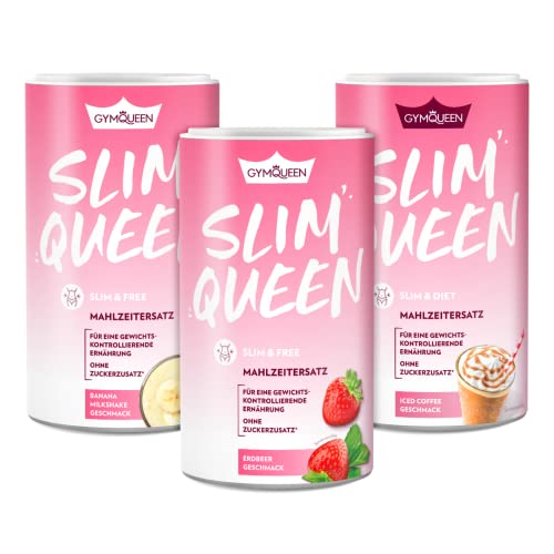 GymQueen Slim Queen Abnehm Shake 3x420g, Erdbeeer, Banana Milkshake, Iced Coffee, Diät-Shake zum einfachen Abnehmen, Mahlzeitersatz mit wichtigen Vitaminen und Nährstoffen, nur 250 kcal pro Portion