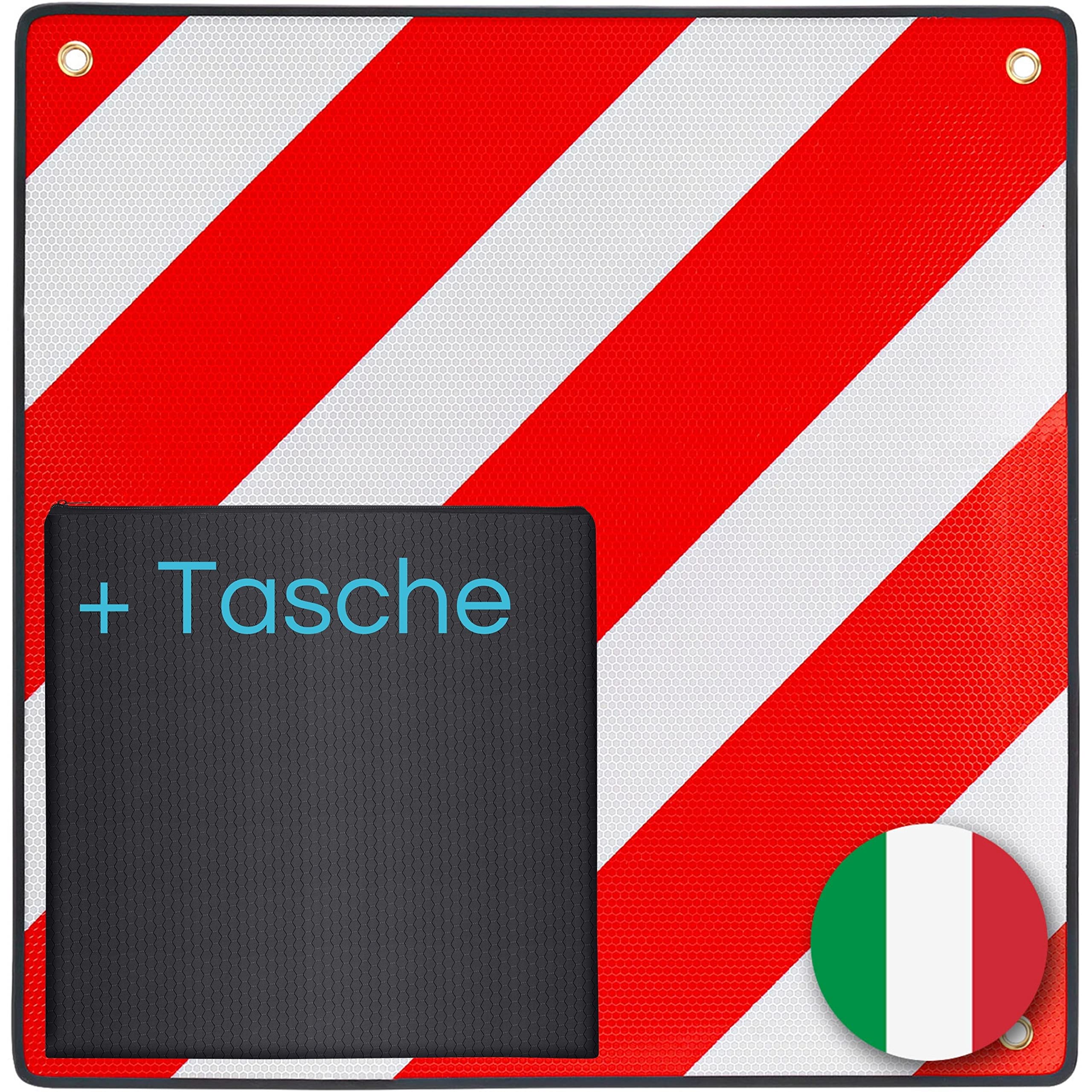 PLANGER® - Warntafel Italien (50 x 50 cm) + Tasche - Reflektierendes Warnschild rot weiß für Heckträger u Fahrradträger