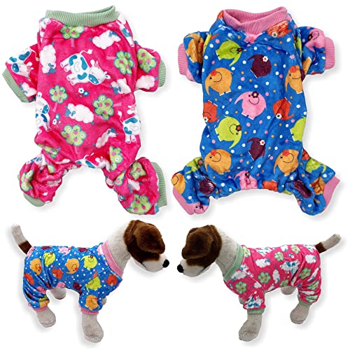 Hunde-Pyjama, weich, warm, Fleece, für kleine und mittelgroße Haustiere, Größe XXS - L, 2 Farben: Hot Pink / Blau / Elefant, XS: Länge 25,4 cm, Brustumfang 30,5 - 40,6 cm, 2 Stück