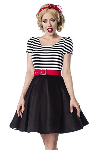 Belsira Sexy Kleid Rockabilly 50er Retro Rundhals Retrokleid 1950s Puff?rmel Jersey G?rtel Schwarz Wei? Rot Gestreift Streifen, Farbe:Schwarz/Wei?;Gr??e:S