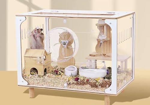 LLGJ Hamsterkäfig aus Holz, Mäuse und Ratten, offener Lebensraum mit Acrylplatten, solide gebaut, geeignet für Goldhamster, Totoro, Eidechse, blaubrüstige Wachteln (22,9 cm L Käfig + 8 Spielzeugset)