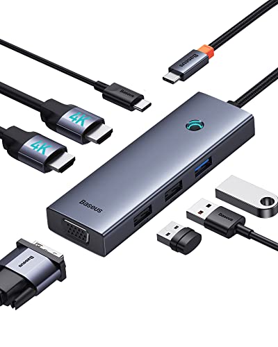 Baseus USB C Hub Dual 4K Docking Station Triple Display 7 in 1 Adapter mit 2 HDMI, VGA, USB3.0, USB2.0, 100W PD Dock für MacBook/Dell/HP/Surface/Lenovo/Steam Deck
