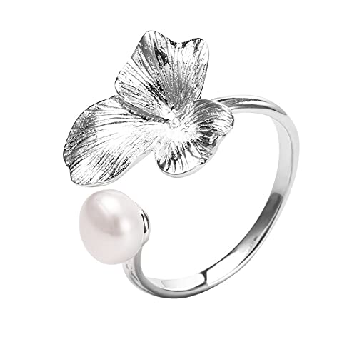 Verstellbarer Ring für Damen – offener Ring für Damen, verstellbar, kreativ, schlicht, dreiblättriger Blumen-Perlenring, modischer Blumen-offener Ring für Damen, klassischer Charm-Schmuck, Geschenk z