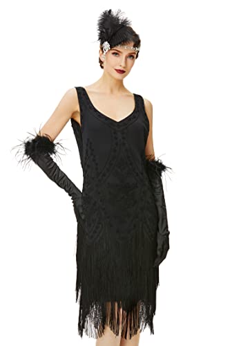 Coucoland 1920s Kleid Damen Flapper Kleid ohne Ärmel V Ausschnitt Knielang Charleston Kleid Gatsby Motto Party Damen Fasching Kostüm Kleid (Schwarz, S (Fits 70-76 cm Waist))